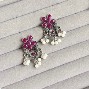 Magenta Floral Studs: Magenta Crystal Flower Earrings with Pearl Latkan – Gift-Ready Premium Packaging