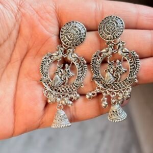 Radha-Krishna Enclosed Hoops: Divine Radha-Krishna Motif Oxidized Hoops with Miniature Jhumka Drops – Includes 3D Floating Frame