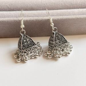 Pyramid Drop: Tribal Pyramid-Style Oxidized Jhumkas with Clusters of Silver Beads – With Luxury Floating Frame