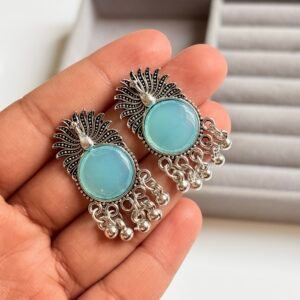 Teal Resin Peacock: Mayura Teal Stone Oxidized Studs with Silver Bead Droplets – Ships in Anti-Oxidation Floating Frame
