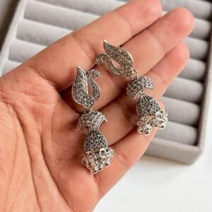 Filigree Peacock Jhumka: Elegant Peacock Filigree Jhumkas with Intricate Scrollwork – Includes Premium Transparent Case