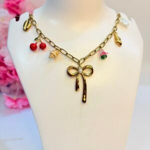 Anti-Tarnish Gold Plated Cherry Charm Bow Necklace