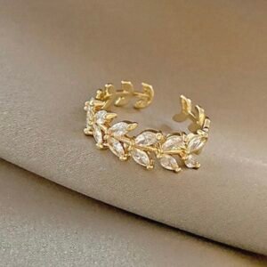18K Gold Plated Crystal Leaf Ring | Water-Resistant & Anti-Tarnish