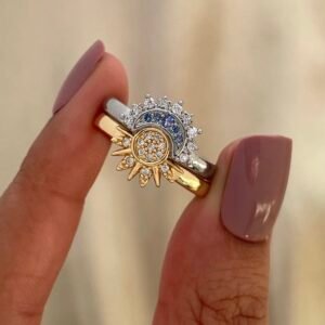 Crystal Studded Sun & Moon Rings | Gold and Silver Adjustable Duo