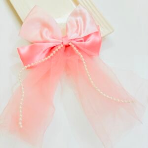 Blush Pink Dual-Tone Satin & Tulle Bow with Pearl Chain