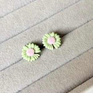 Sage Green & Pink Boho Pastel Daisy Studs | Matte Floral Earrings | Cute Kawaii Flower Jewelry
