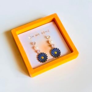 Vintage Blue Daisy & Crystal Drop Earring Set - 3 Pairs with Free Premium Display Frame