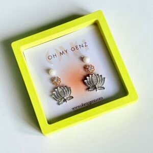 Elegant Silver Lotus & Pearl Stud Earring Set - Premium Quality with Free Display Frame