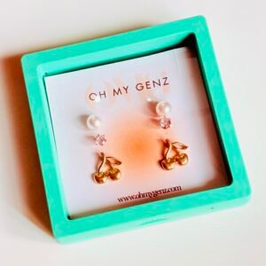 Sweet Gold Cherry & Pearl Stud Earring Set - 3 Pairs with Free Premium Display Frame