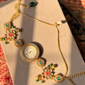 The Firdaus Emerald — Kashmiri Floral Pearl Watch (Elegant Fusion Wedding Guest Jewelry)