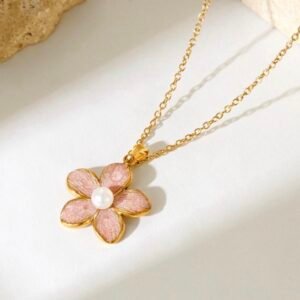 Shimmering Pink Blossom & Pearl Anti-Tarnish Necklace
