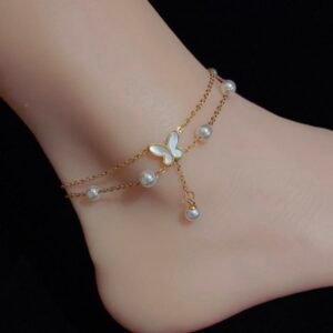 Gold Plated Layered Butterfly Anklet for Women | Dainty Pearl Foot Jewelry