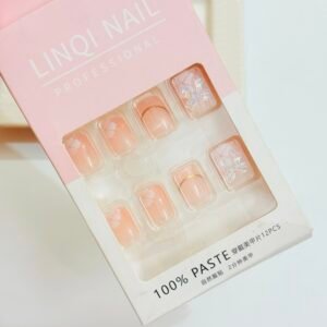 Elegant Floral Peach Press-On Nails - Gold Stripe Accents