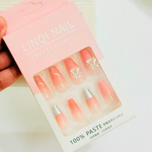 Coral Sunset Aura Nails with Silver Abstract Chrome Detail