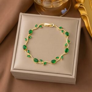 Delicate Emerald Green Crystal Leaf Bracelet – Gold Plated Tulip Vine Jewelry