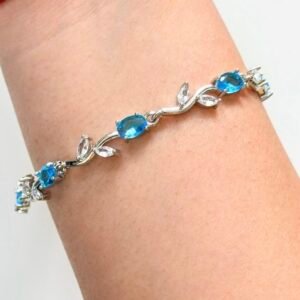 Aesthetic Light Blue Stone Bracelet – Silver Vine Leaf Adjustable Bracelet