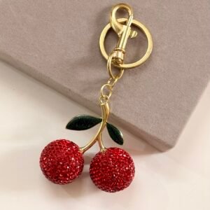 Crystal-Encrusted Cherry Bag Charm with Gold Detail