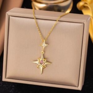Pink Stone Cross Shooting Stars Hexagram Necklace