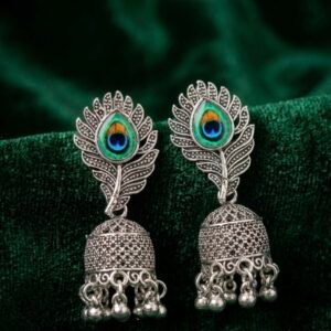 Oxidized Silver Peacock Feather Enamel Jhumka Earrings