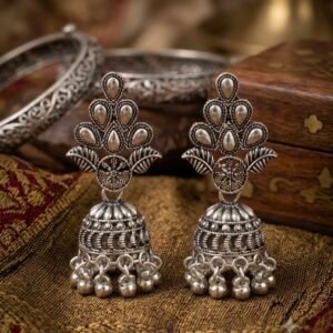 Oxidized Silver Leaf Pattern Dome Jhumka Earrings