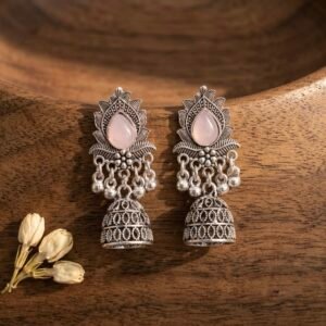 Pink Lotus Teardrop Oxidized Jhumkas