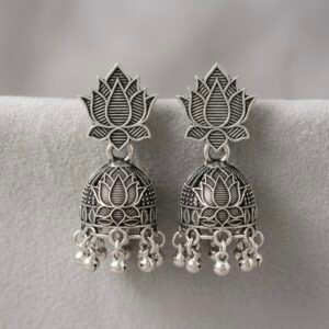 Carved Lotus Motif Oxidized Jhumkas