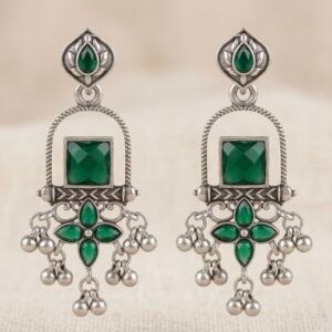 Olive Green Floral Geometric Oxidized Dangles