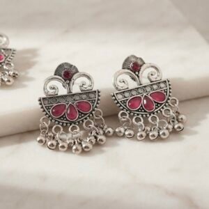 Boho Silver-Toned Pink Gemstone Drop Jhumkas