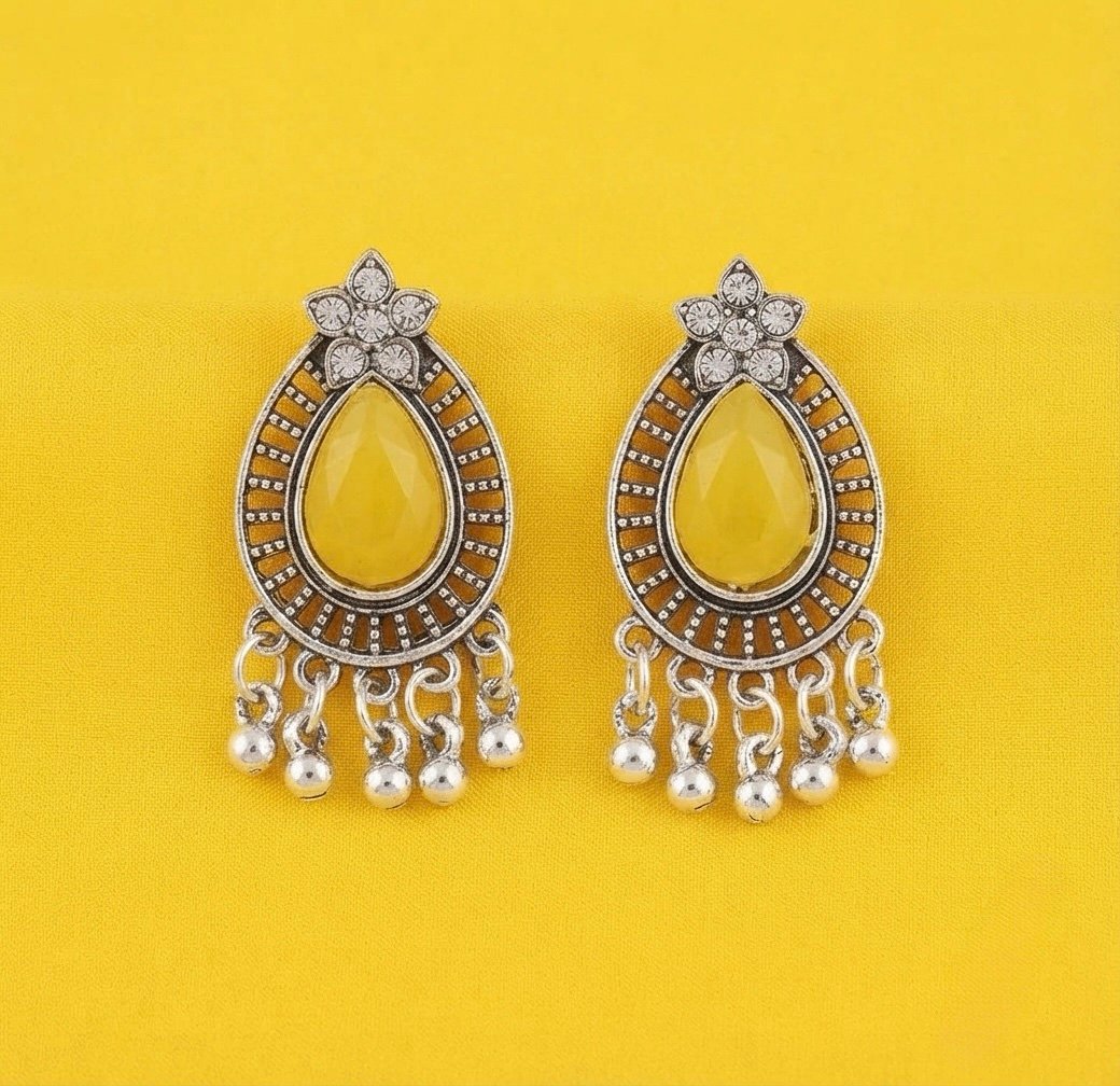 Vibrant Yellow & Silver-Plated Statement Drop Earrings