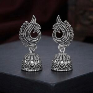 Oxidized Silver Peacock Motif Ethnic Jhumkas