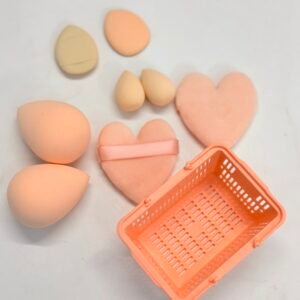Sunset Peach Vanity Blender & Heart Puff Basket