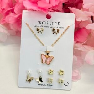 Pink Butterfly Pendant Necklace & Earring Combo Set (Non-Anti-Tarnish)