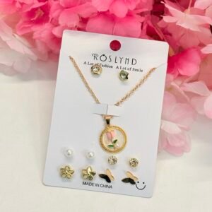 Enamel Tulip Floral Necklace & Stud Combo - Non-Anti-Tarnish
