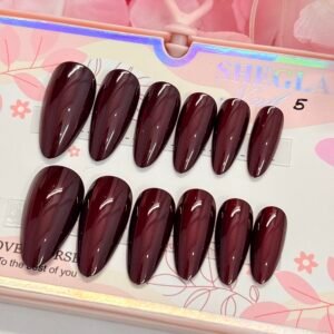 Shimmering Wine Red Almond Fake Nails
