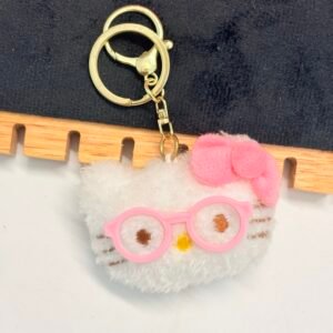 Fluffy Hello Kitty with Pink Glasses Keychain