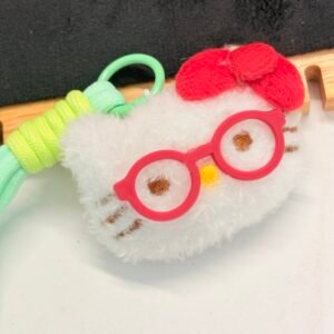 Fluffy Kitty with Red Bow & Mint Strap Keychain