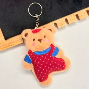Fluffy Bear in Polka-Dot Overalls Plush Keychain