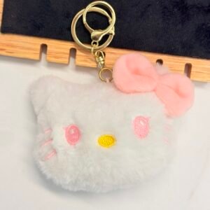 Fluffy Hello Kitty Plush Keychain with Pink Bow