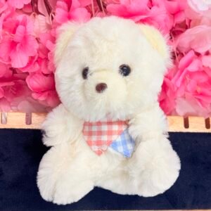 Kawaii Cream Teddy Bear Bag Charm & Red-Blue Checkered Bib