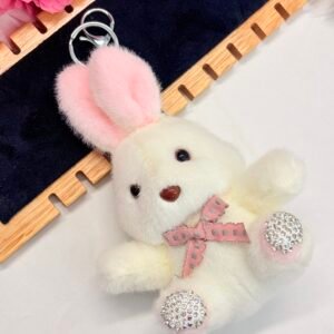 Fluffy Brown Bunny Plush Keychain with Patterned Bow and Rhinestone Paws
