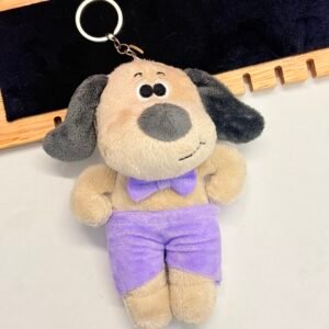 Fluffy Puppy Plush Keychain with Purple Shorts and Bowtie